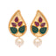 22K Gold Plated Emarald Stone Studded Contemporary Petal Shaped Pearl Drop Stud Earrings