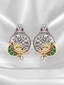 Silver-Gold Oxidized Plated Ethnic Stone Studded & Pearl Beaded Peacock Motif Stud Earrings