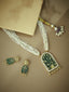 22K Gold-Plated Pearl Beaded Strings Green Enamel Pendant with Floral Motifs Necklace Set