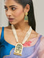 22K Gold-Plated Pearl Beaded Strings Green Enamel Pendant with Floral Motifs Necklace Set