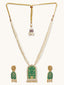 22K Gold-Plated Pearl Beaded Strings Green Enamel Pendant with Floral Motifs Necklace Set