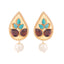 22K Gold Plated Faux Turquoise Stone Studded Contemporary Petal Shaped Pearl Drop Stud Earrings