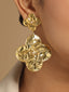 18k Gold-Plated Contemporary Molten Metallic Floral Dangler Earrings