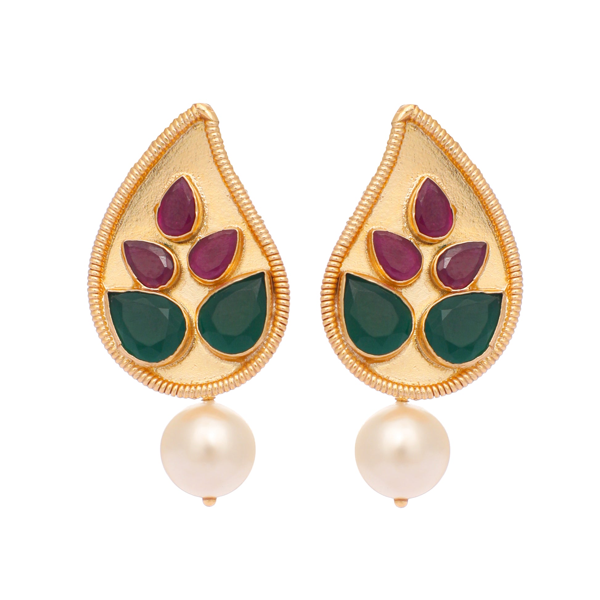 22K Gold Plated Emarald Stone Studded Contemporary Petal Shaped Pearl Drop Stud Earrings