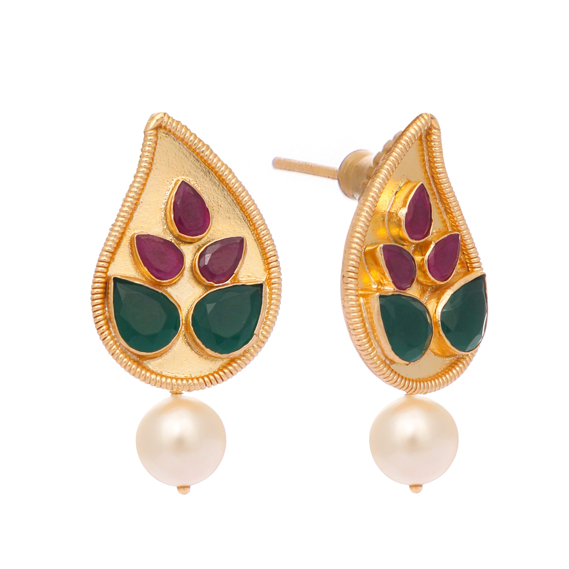 22K Gold Plated Emarald Stone Studded Contemporary Petal Shaped Pearl Drop Stud Earrings