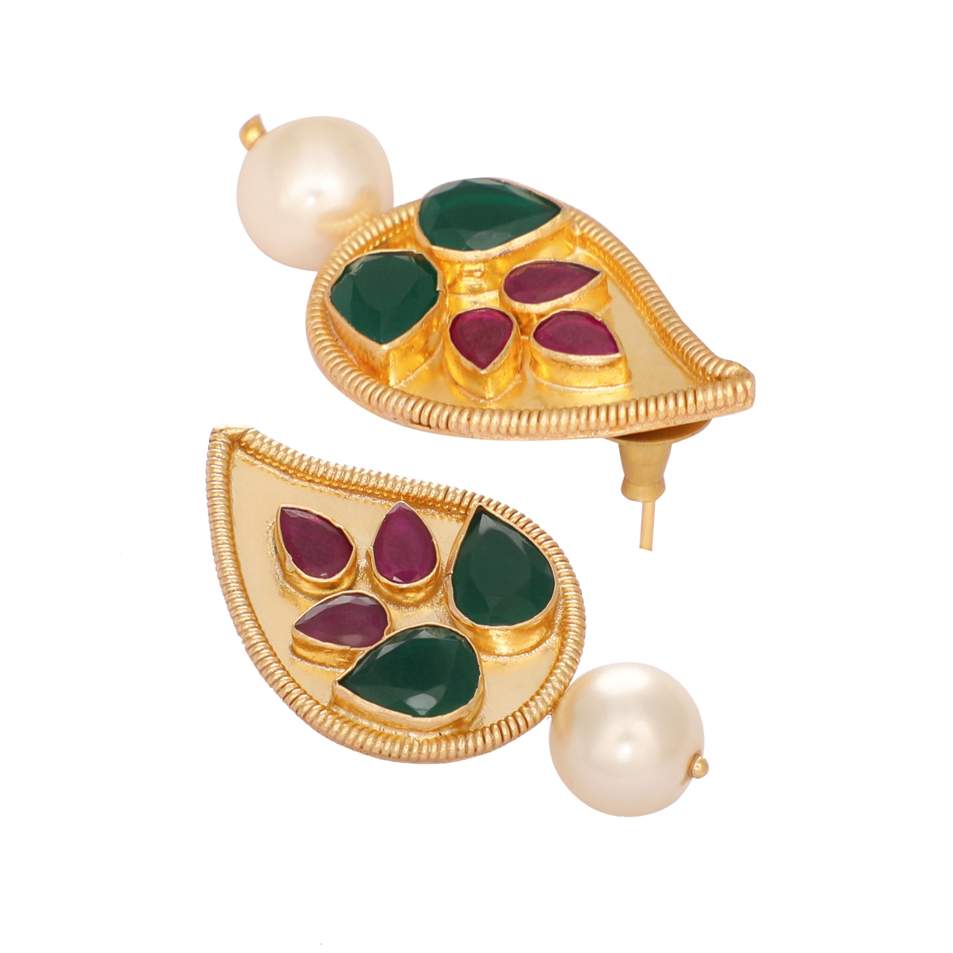 22K Gold Plated Emarald Stone Studded Contemporary Petal Shaped Pearl Drop Stud Earrings