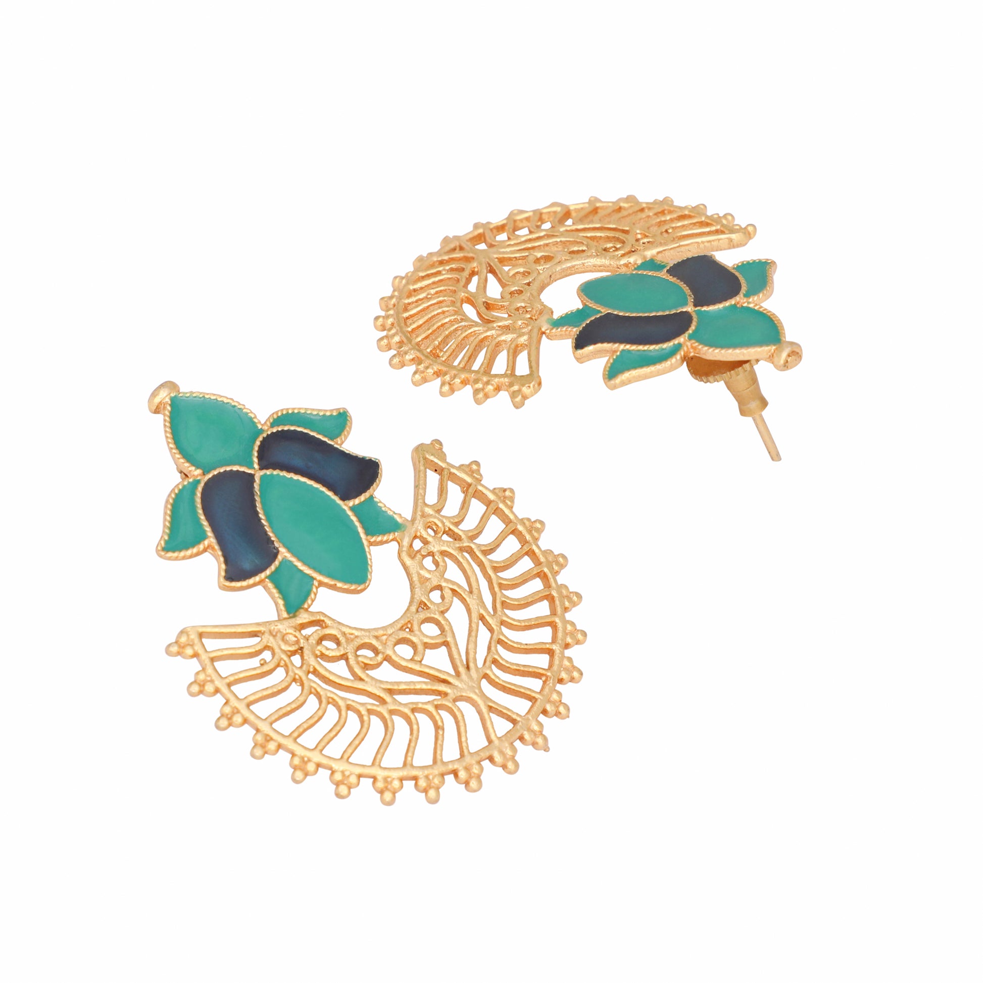 22K Gold Plated Turquoise Enamel Studded Indo-Western Floral Jali Statement Stud Earrings