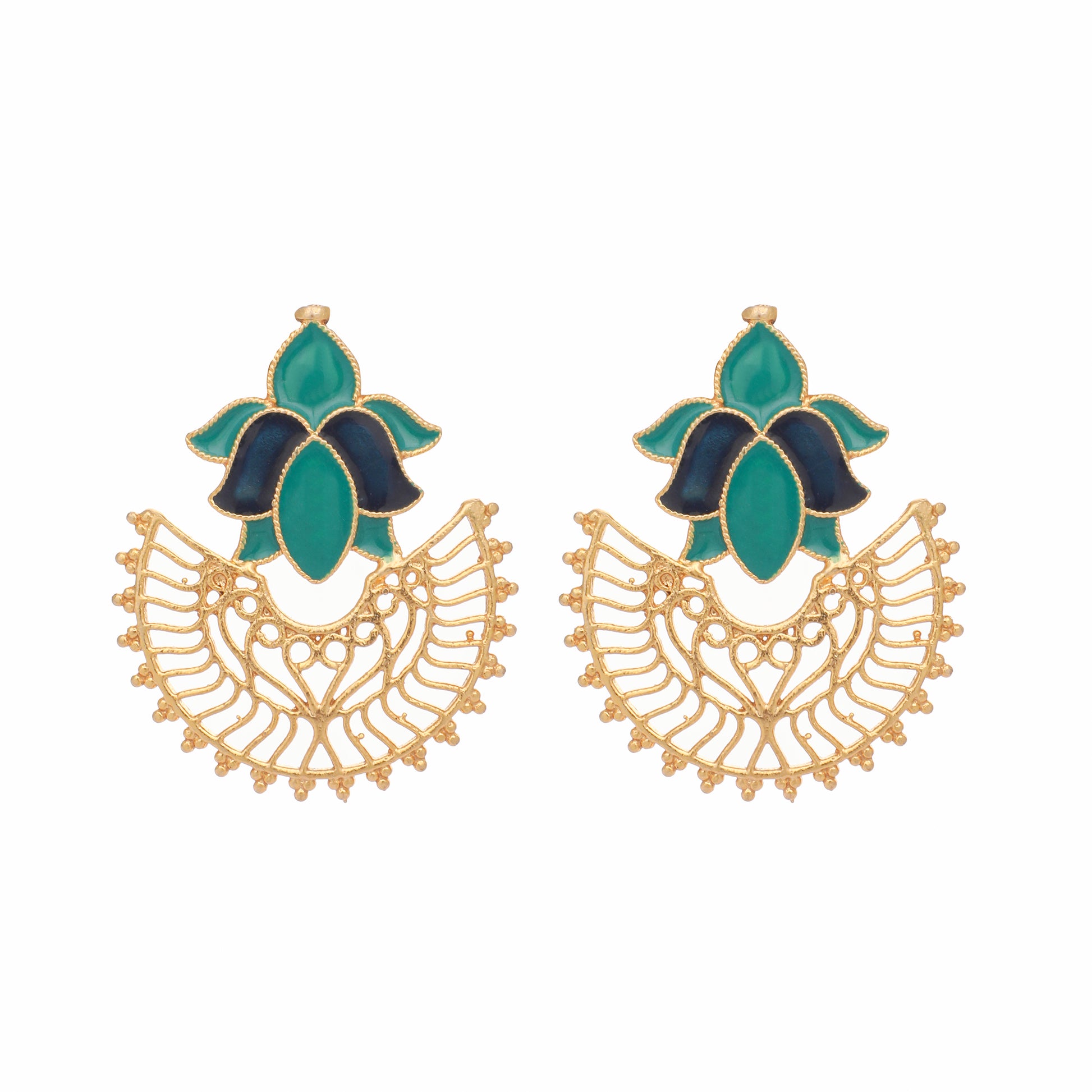 22K Gold Plated Turquoise Enamel Studded Indo-Western Floral Jali Statement Stud Earrings