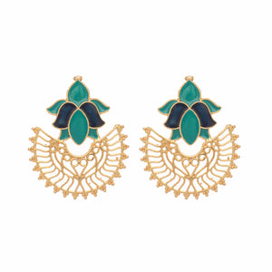 22K Gold Plated Turquoise Enamel Studded Indo-Western Floral Jali Statement Stud Earrings