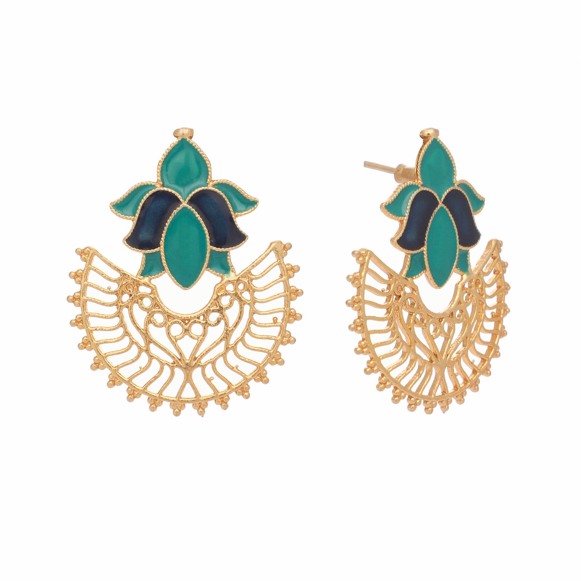 22K Gold Plated Turquoise Enamel Studded Indo-Western Floral Jali Statement Stud Earrings