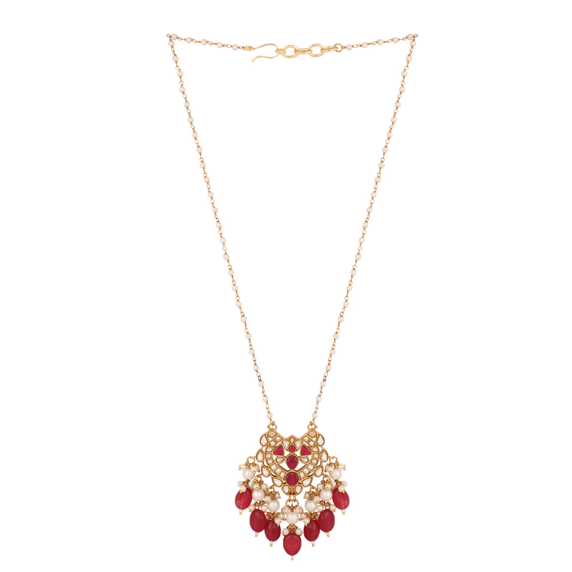 22K Gold Plated Arc Kundan Ruby Drops Necklace