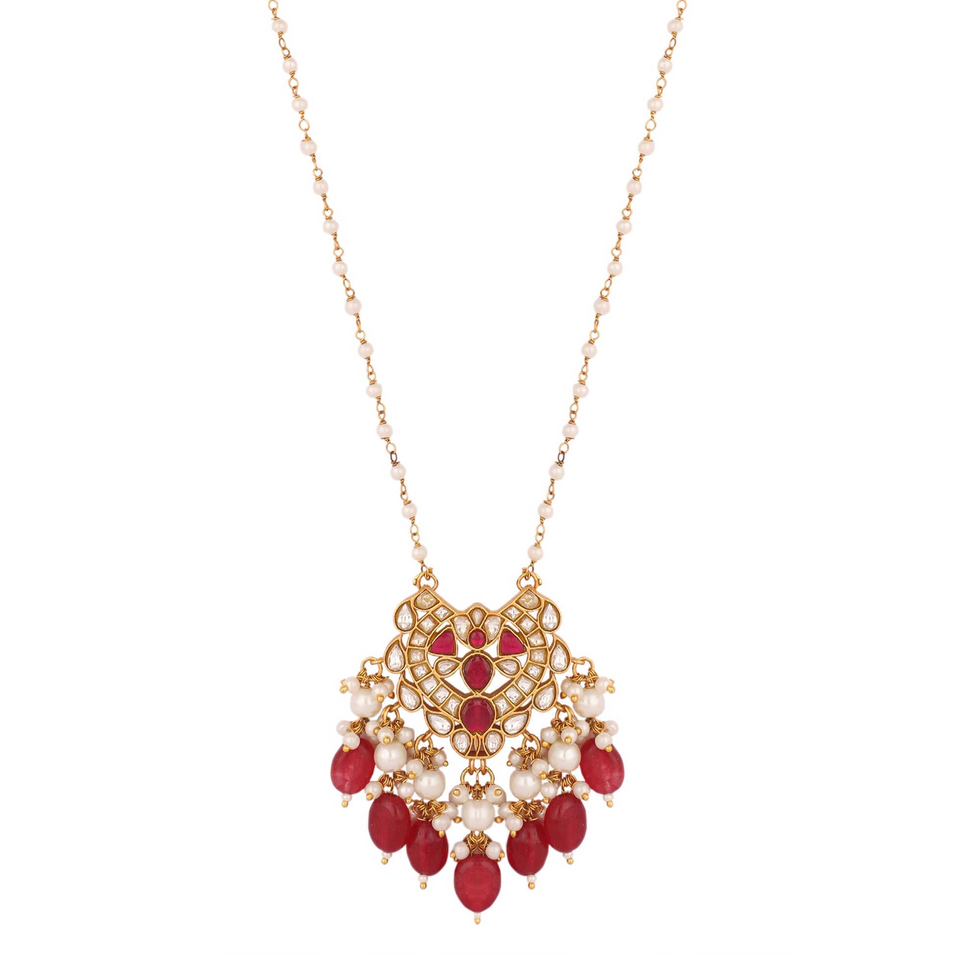 22K Gold Plated Arc Kundan Ruby Drops Necklace