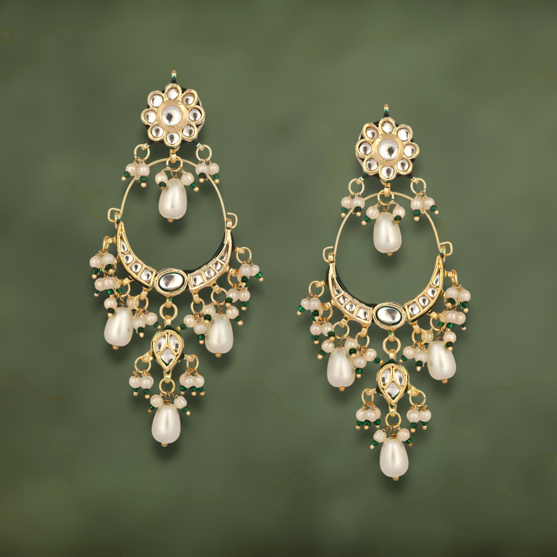 22K Gold Plated Crescent Kundan Drop Pearl Chandbali Earrings