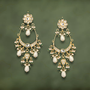 22K Gold Plated Crescent Kundan Drop Pearl Chandbali Earrings