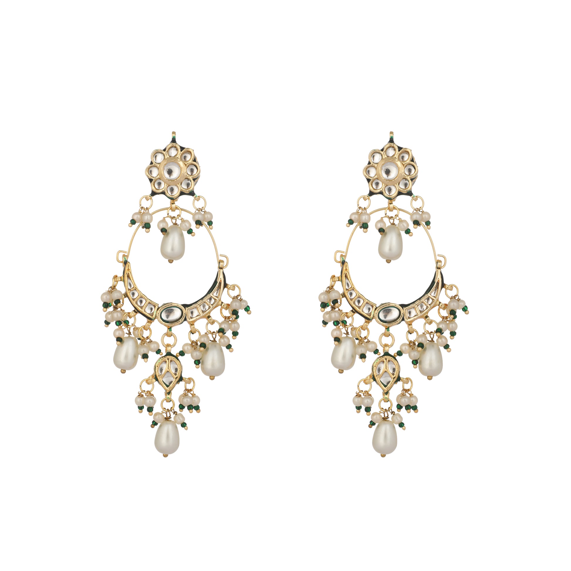 22K Gold Plated Crescent Kundan Drop Pearl Chandbali Earrings