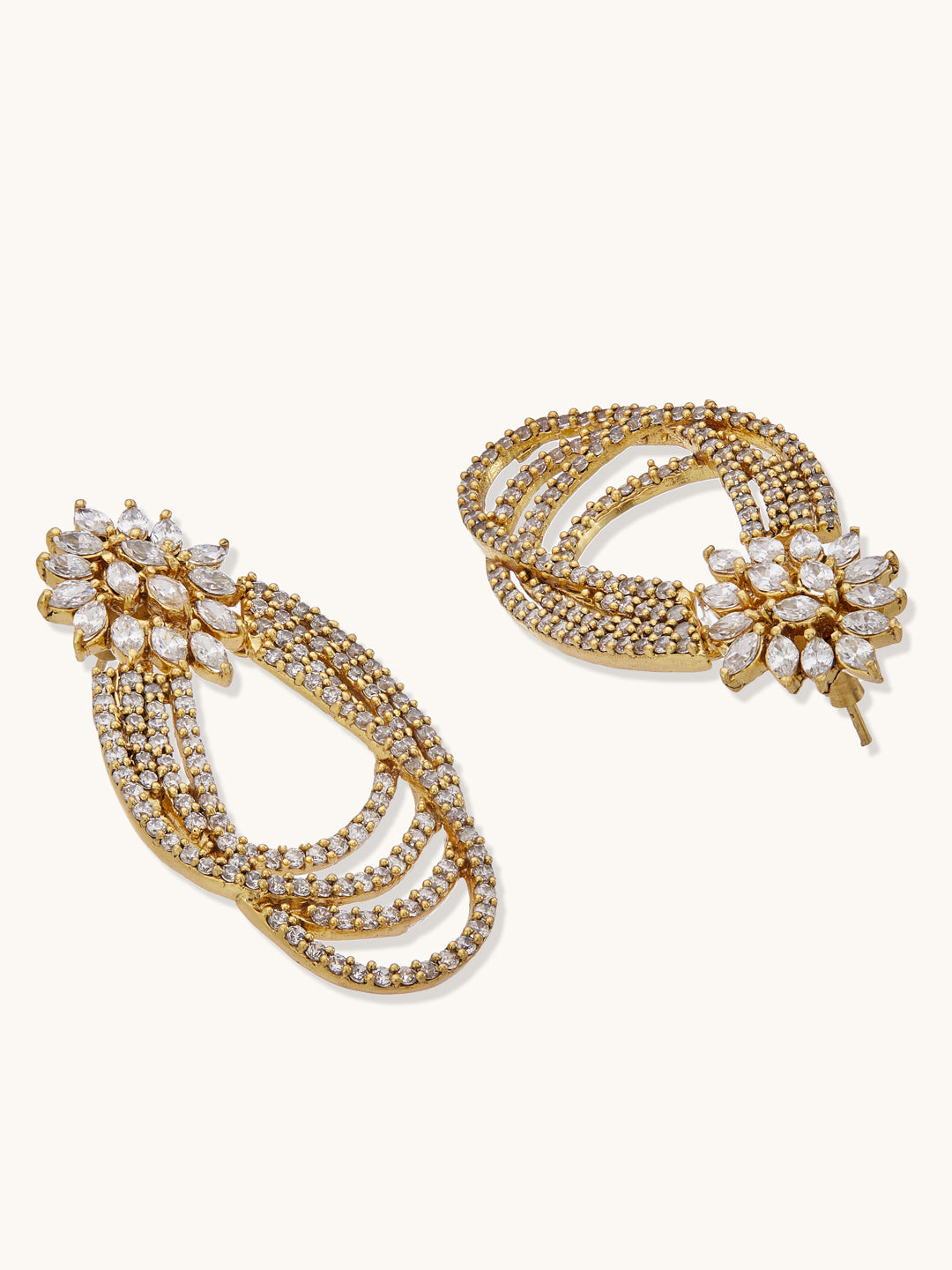22K Gold-Plated Floral Motif Zircon Stone Studded Teardrop Shaped Elegant Drop Dangler Earrings