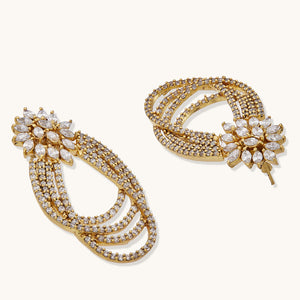 22K Gold-Plated Floral Motif Zircon Stone Studded Teardrop Shaped Elegant Drop Dangler Earrings