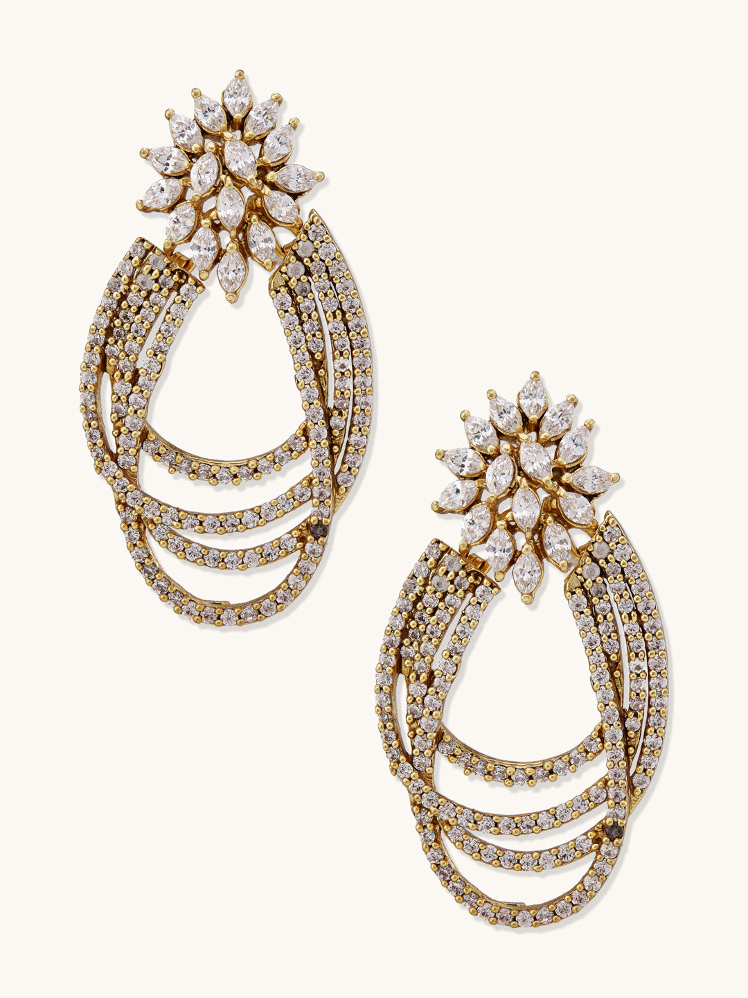 22K Gold-Plated Floral Motif Zircon Stone Studded Teardrop Shaped Elegant Drop Dangler Earrings