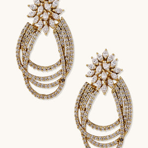 22K Gold-Plated Floral Motif Zircon Stone Studded Teardrop Shaped Elegant Drop Dangler Earrings