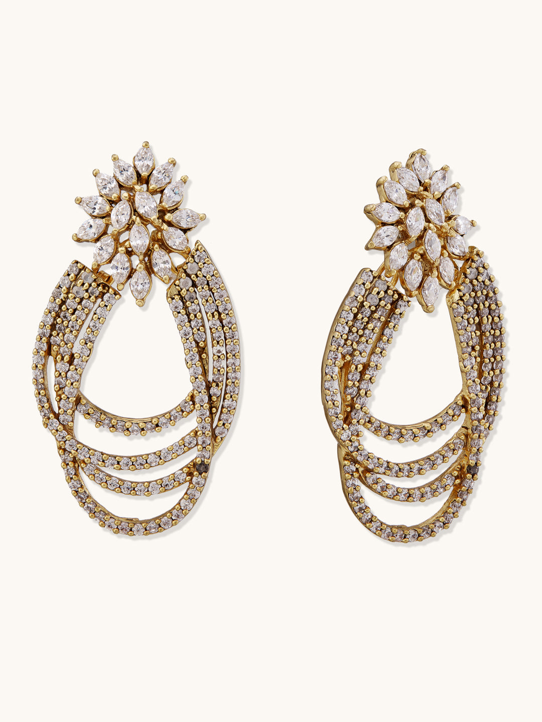 22K Gold-Plated Floral Motif Zircon Stone Studded Teardrop Shaped Elegant Drop Dangler Earrings