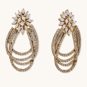 22K Gold-Plated Floral Motif Zircon Stone Studded Teardrop Shaped Elegant Drop Dangler Earrings
