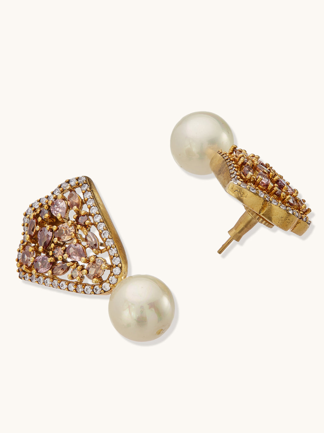 22K Gold-Plated Elegant Zircon Stone Studded & Pearls Drop Stud Earrings