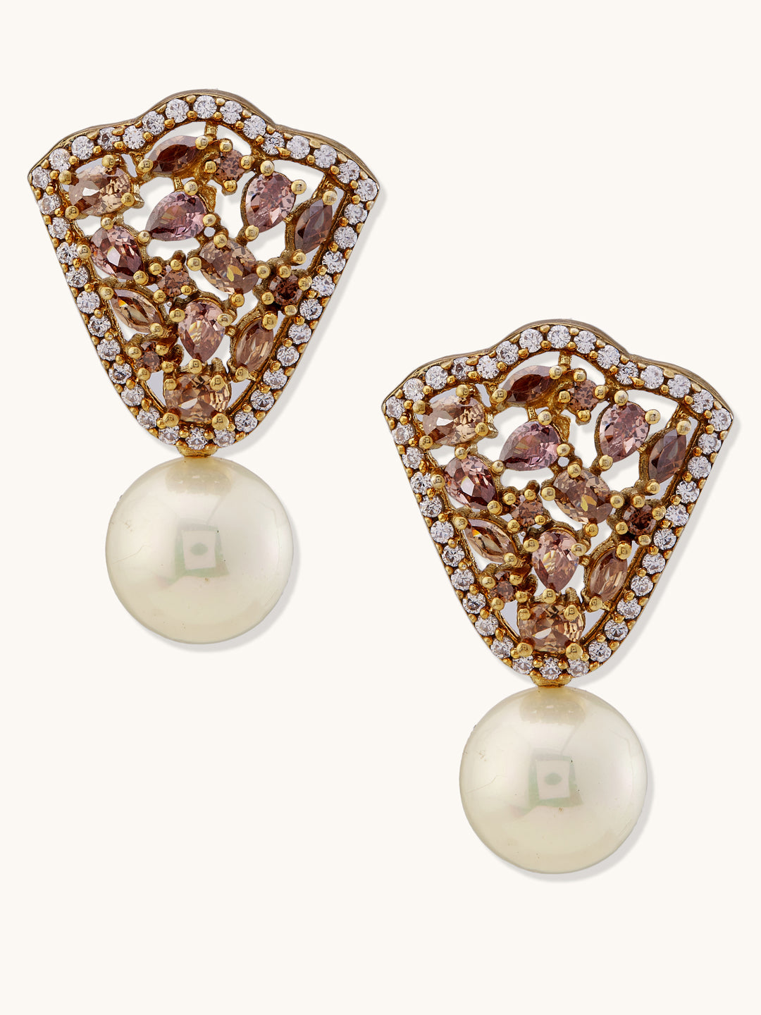 22K Gold-Plated Elegant Zircon Stone Studded & Pearls Drop Stud Earrings