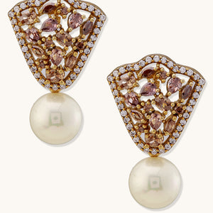 22K Gold-Plated Elegant Zircon Stone Studded & Pearls Drop Stud Earrings