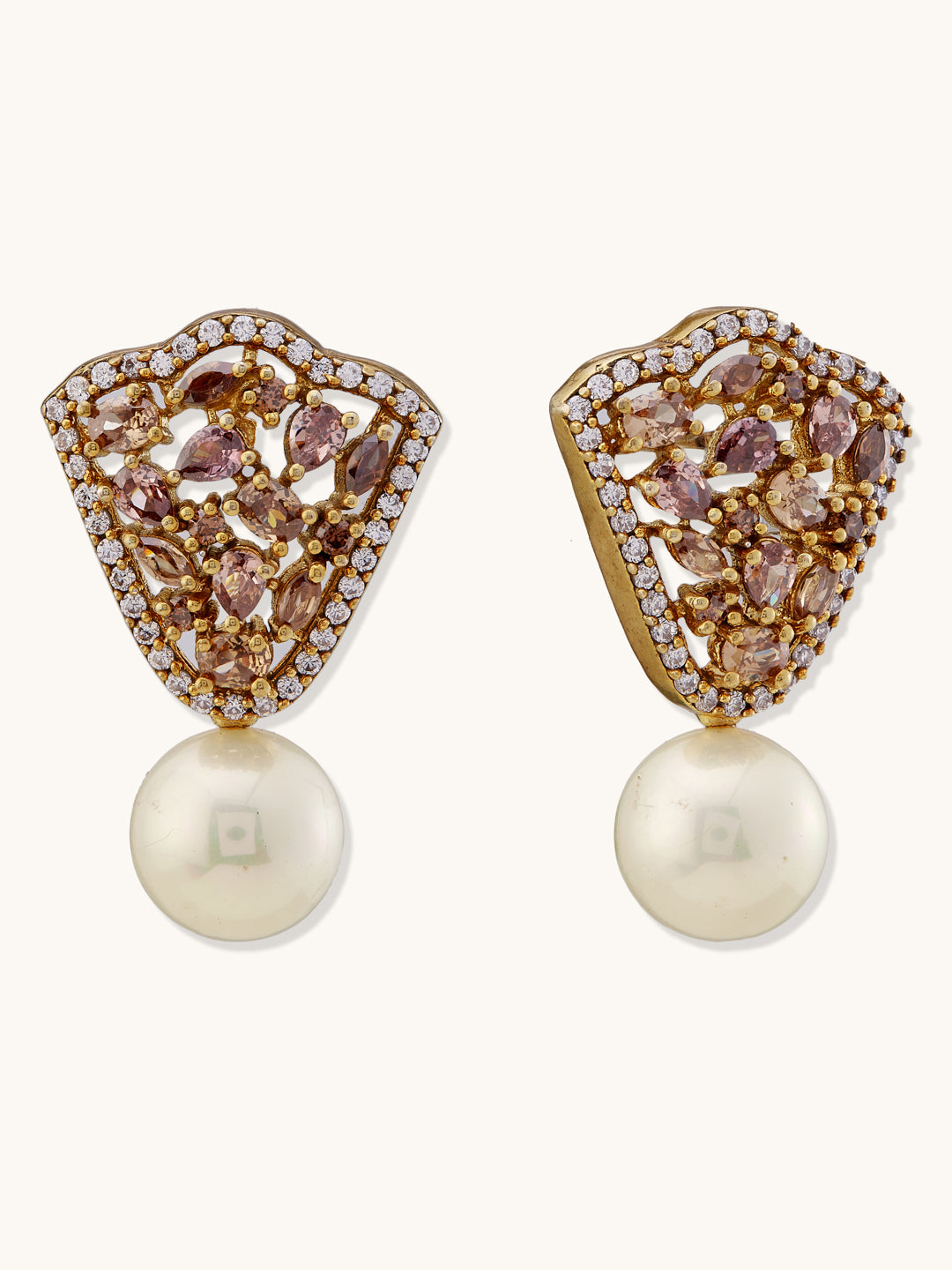 22K Gold-Plated Elegant Zircon Stone Studded & Pearls Drop Stud Earrings