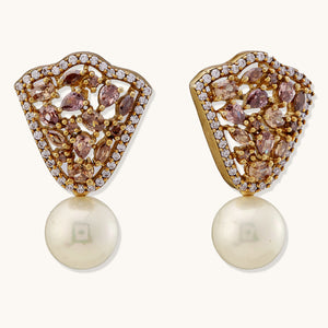 22K Gold-Plated Elegant Zircon Stone Studded & Pearls Drop Stud Earrings