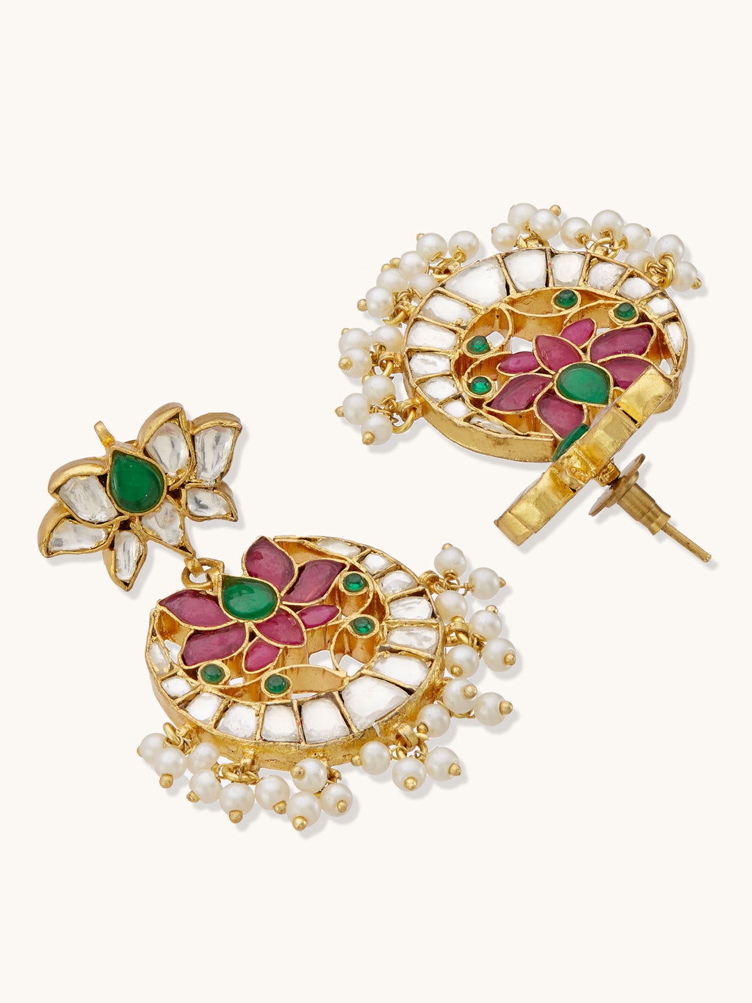 22K Gold-Plated Exquisite Kundan Stone Studded & Pearl Beaded Floral Traditional Chandbalis