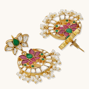 22K Gold-Plated Exquisite Kundan Stone Studded & Pearl Beaded Floral Traditional Chandbalis
