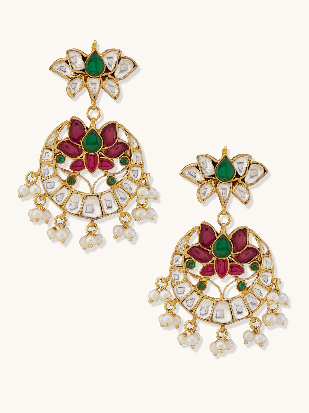 22K Gold-Plated Exquisite Kundan Stone Studded & Pearl Beaded Floral Traditional Chandbalis
