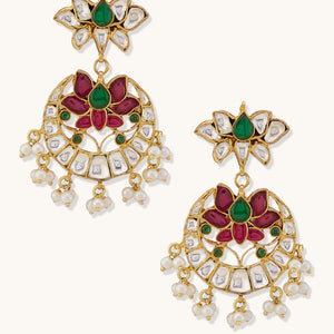 22K Gold-Plated Exquisite Kundan Stone Studded & Pearl Beaded Floral Traditional Chandbalis