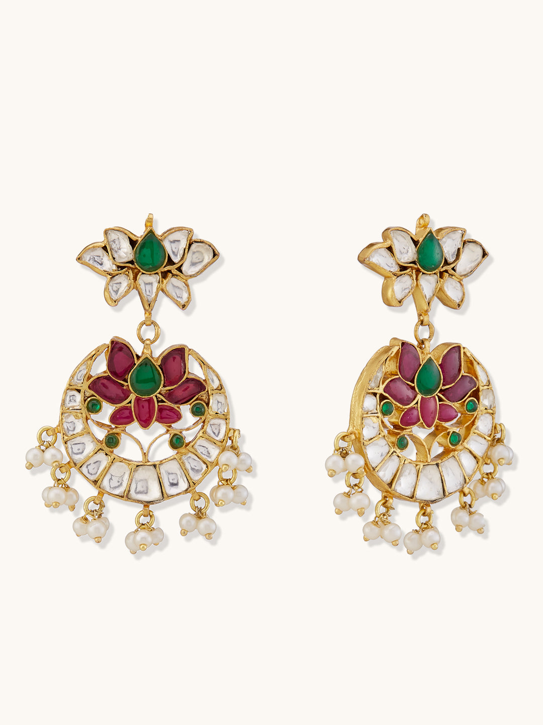 22K Gold-Plated Exquisite Kundan Stone Studded & Pearl Beaded Floral Traditional Chandbalis