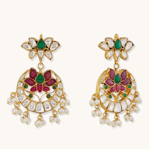 22K Gold-Plated Exquisite Kundan Stone Studded & Pearl Beaded Floral Traditional Chandbalis