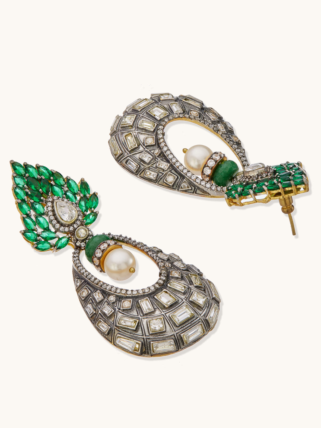 22K Gold-Plated Zircon Studded & Pearl Teardrop Shaped Dangler Earrings