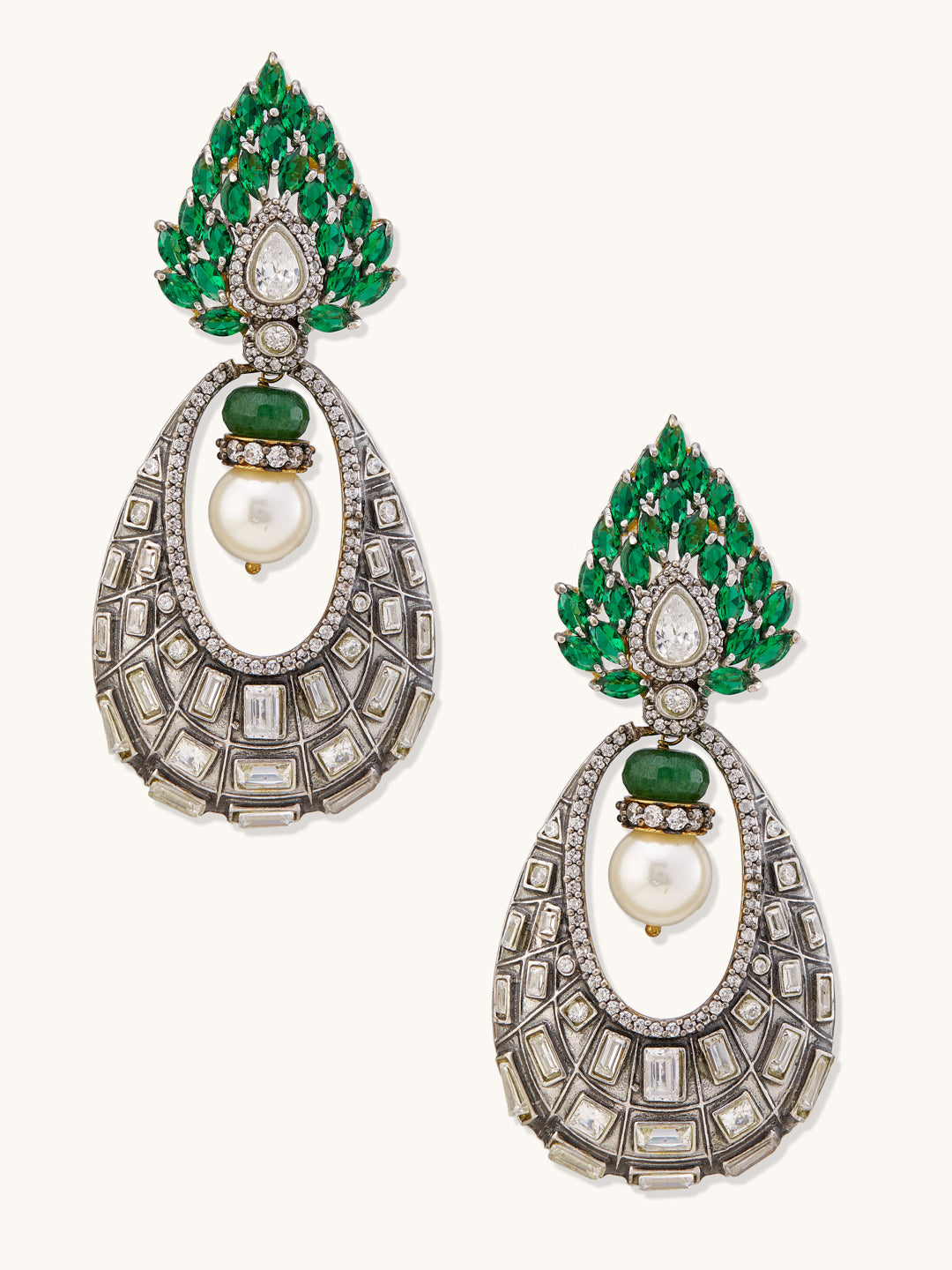 22K Gold-Plated Zircon Studded & Pearl Teardrop Shaped Dangler Earrings