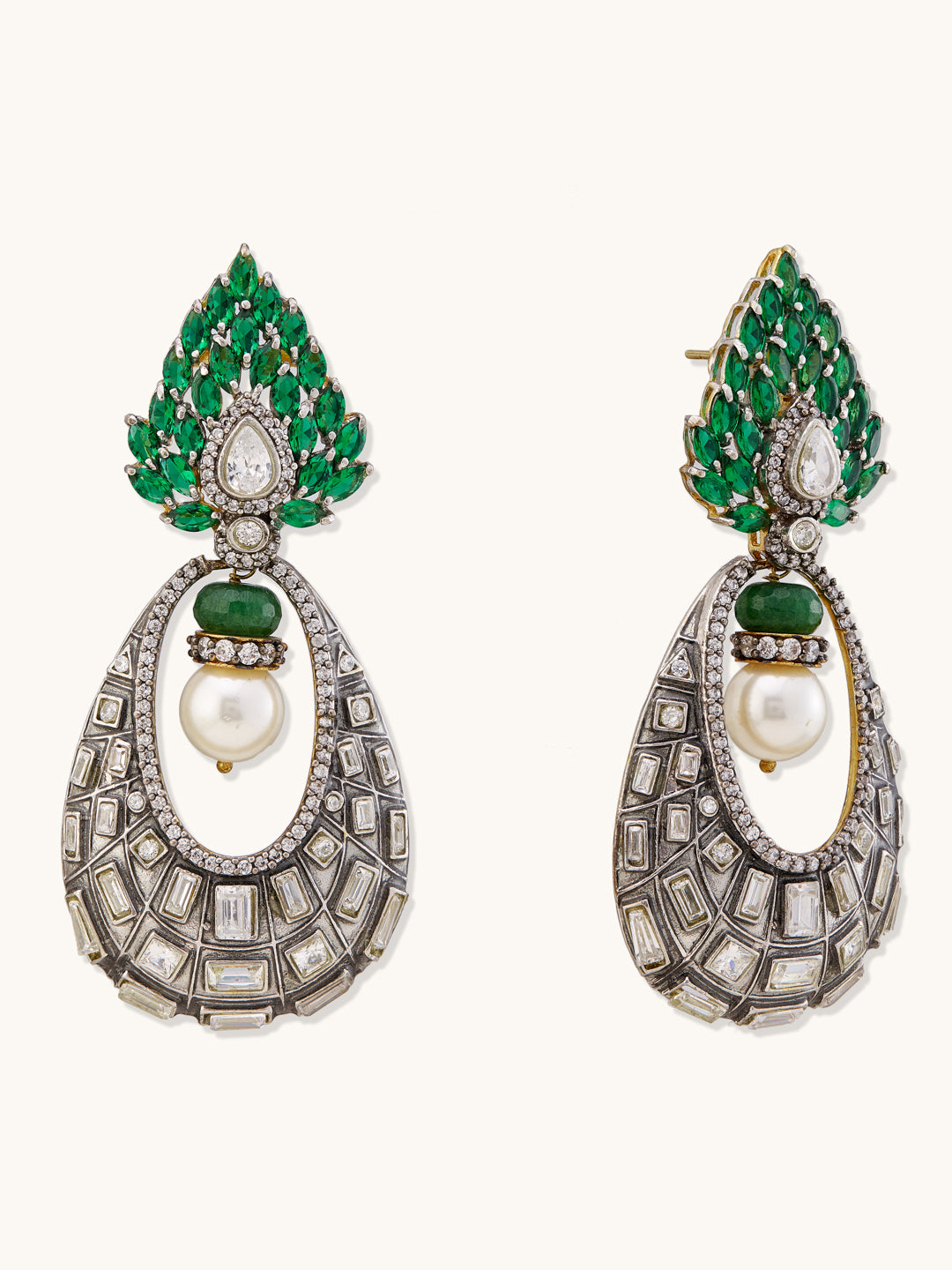22K Gold-Plated Zircon Studded & Pearl Teardrop Shaped Dangler Earrings
