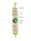 A gold-toned multi-strand pearl bracelet featuring a green enamel circular motif with kundan accents and faceted green beads
