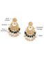 A gold-toned chandbali earrings with green faux emerald stone drops, kundan motifs, and pearl accents