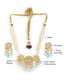 Model wearing a gold-toned, multi-strand pearl necklace set featuring a kundan centre piece, blue gemstone drops, and matching earrings