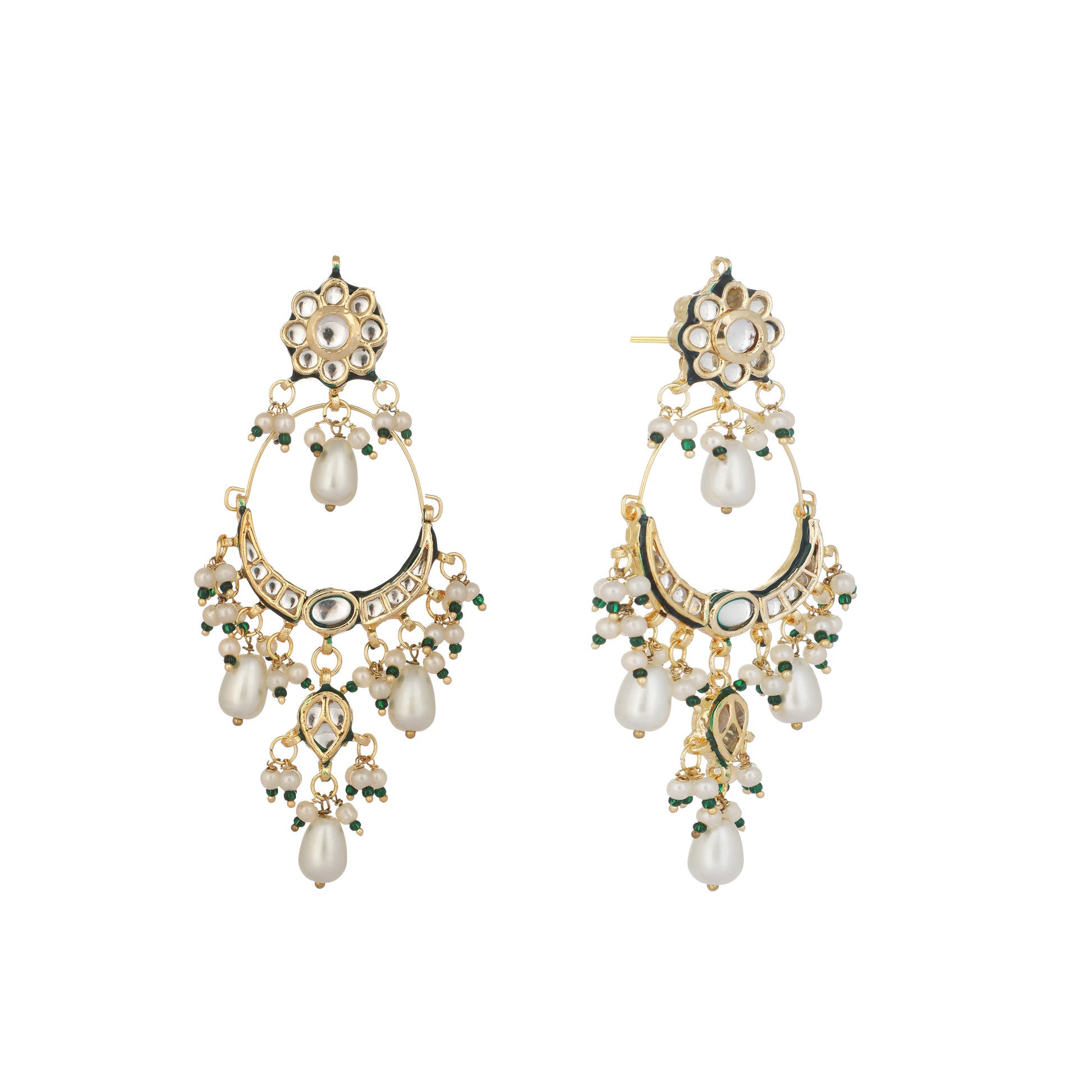 22K Gold Plated Crescent Kundan Drop Pearl Chandbali Earrings