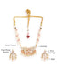 A gold-toned choker necklace set featuring rose-quartz stones, kundan motifs, pearls, and matching drop earrings