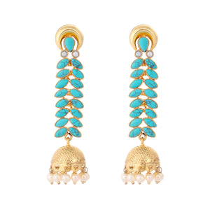 22K Gold Plated Pearl & Turquoise Stone Studded Contemporary Shaped Jhumkas
