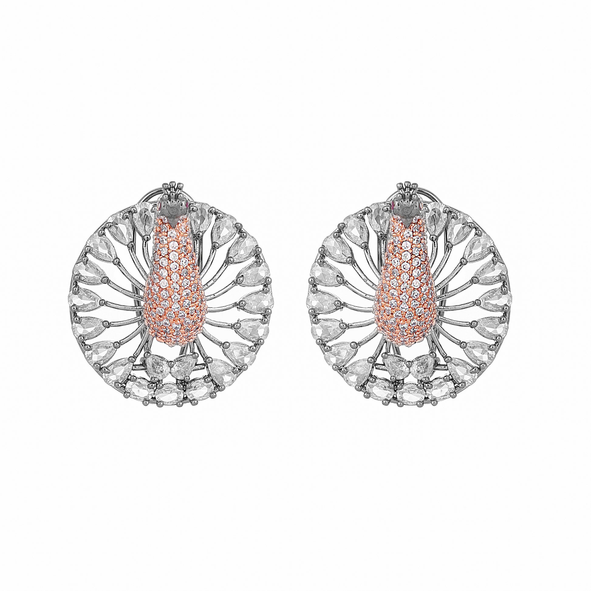 Rhodium-Plated Zircon Studded Contemporary Peacock Stud Earrings
