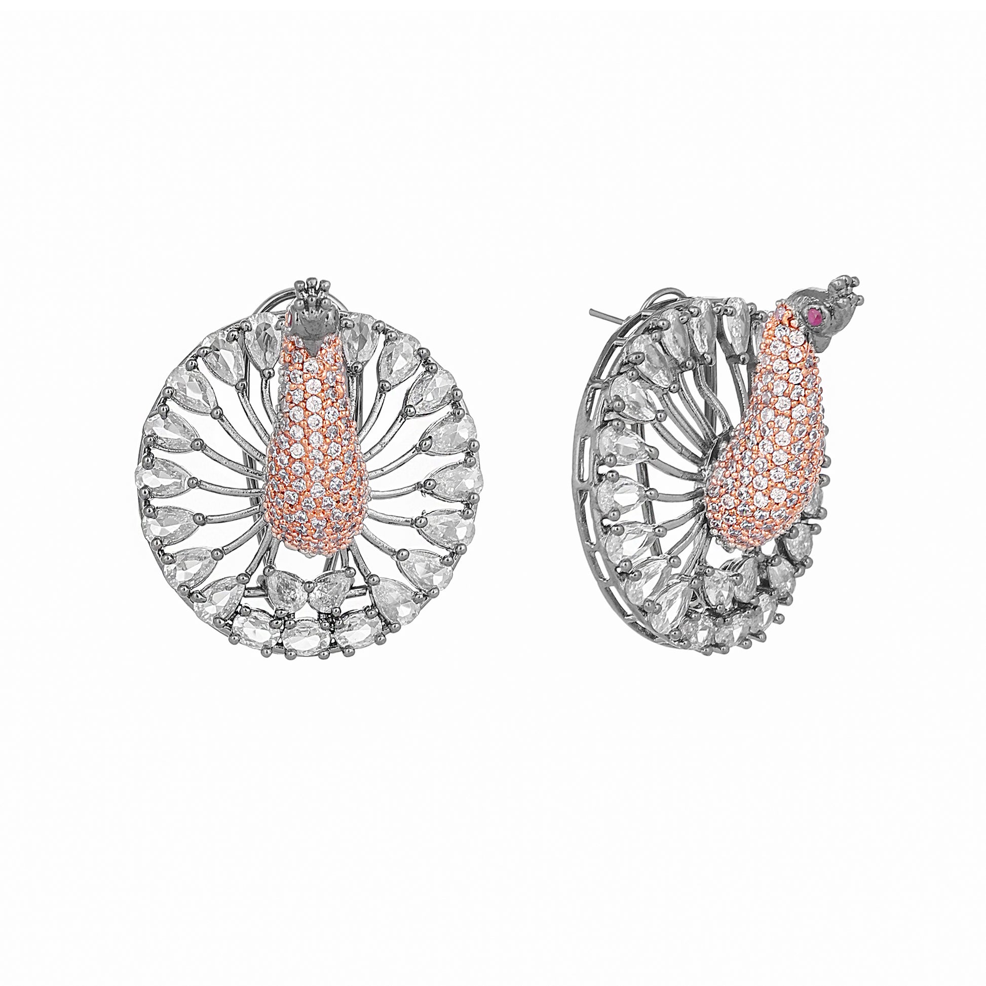 Rhodium-Plated Zircon Studded Contemporary Peacock Stud Earrings