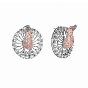 Rhodium-Plated Zircon Studded Contemporary Peacock Stud Earrings