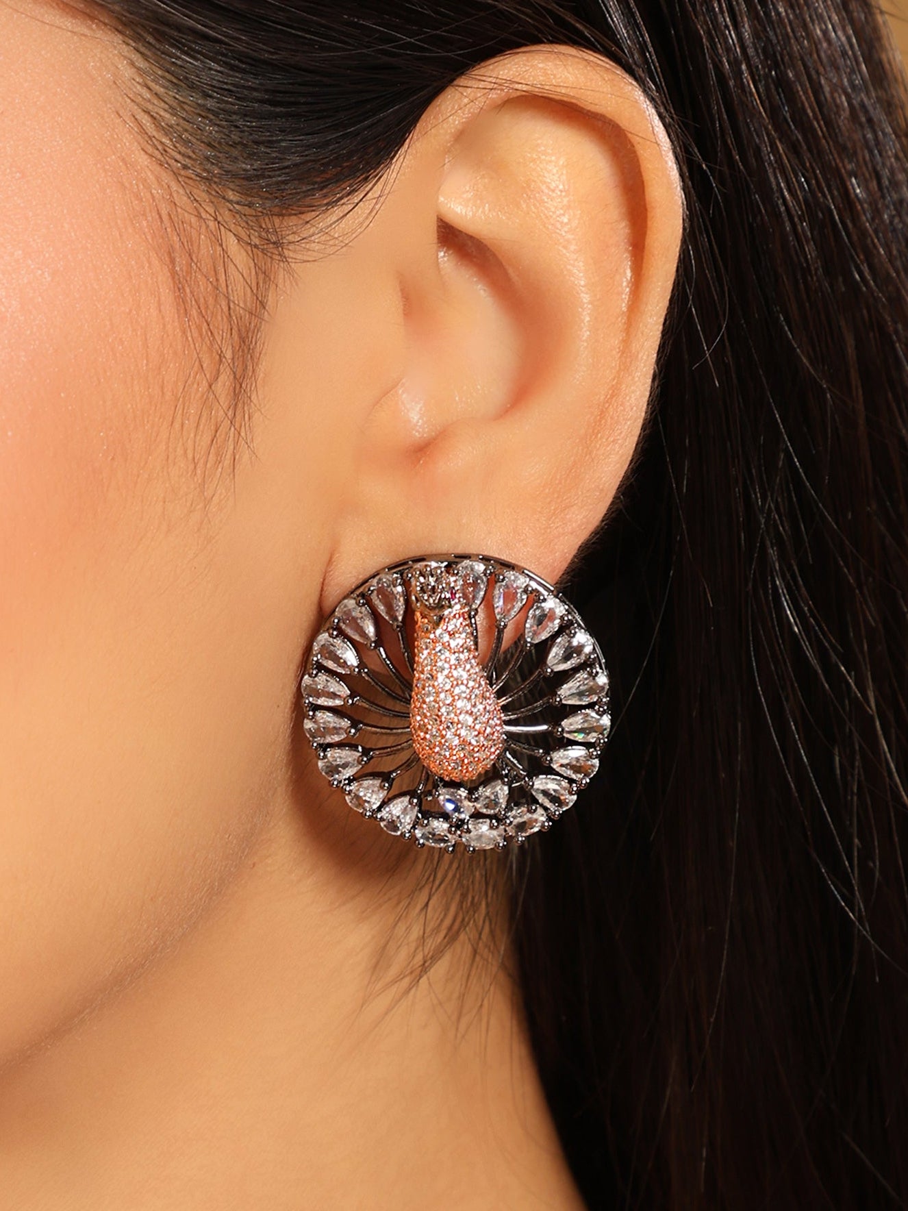 Rhodium-Plated Zircon Studded Contemporary Peacock Stud Earrings
