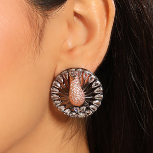 Rhodium-Plated Zircon Studded Contemporary Peacock Stud Earrings